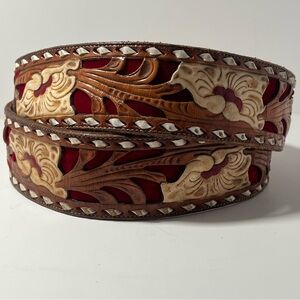 Vintage Tony Lama Tooled Leather Western Belt Red Underlay “JAMES” — No Buckle